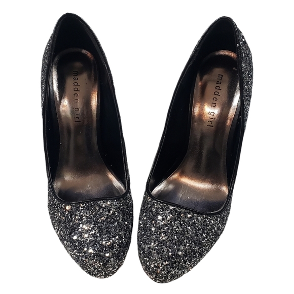 Madden Girl Black Silver Sequin Glitter Platform Heels Sz 9 Evening Party Gothic - Picture 2 of 13